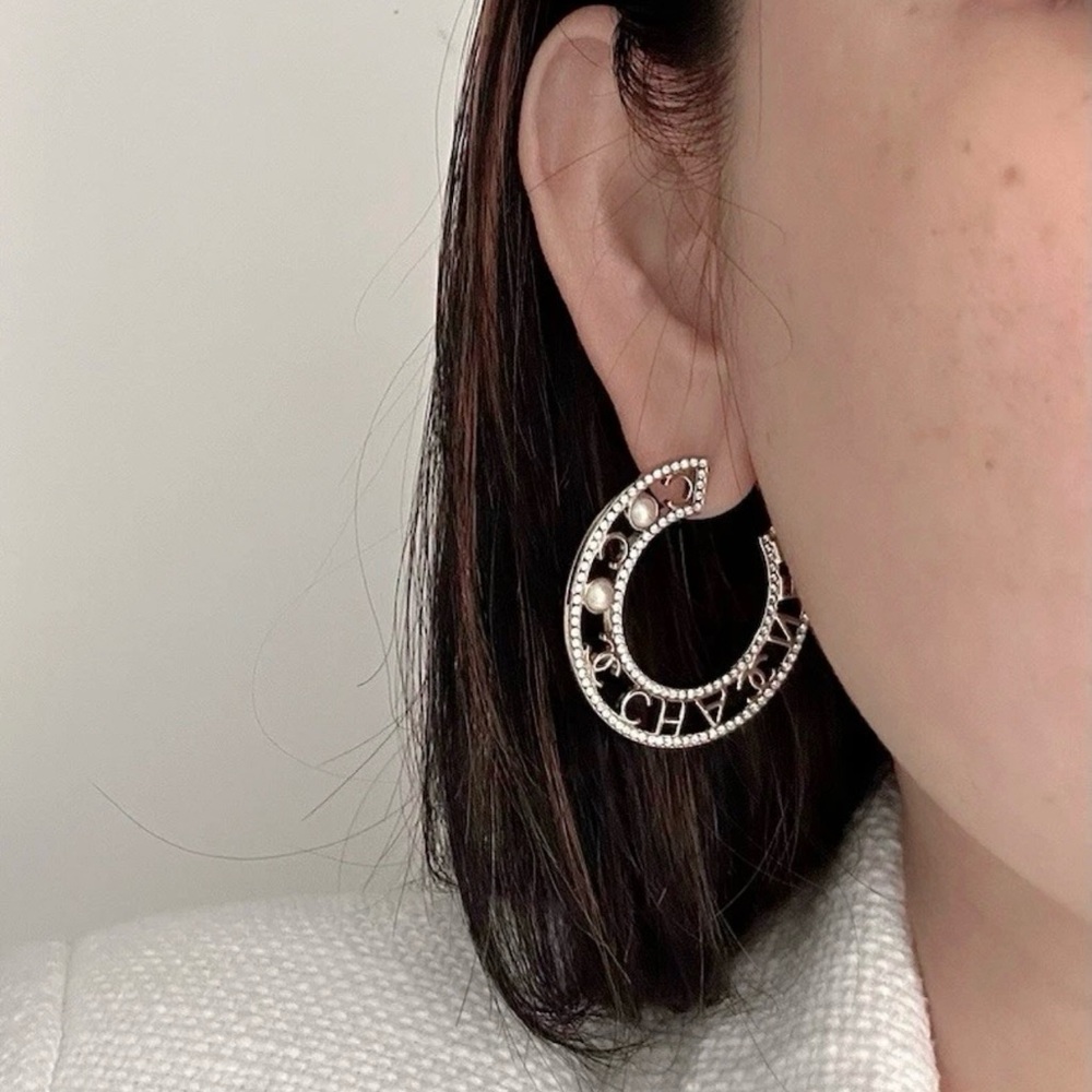 Chanel Gold pearly crystal Hoop Earrings